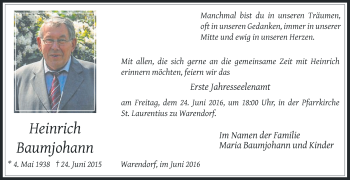 Traueranzeige von Heinrich Baumjohann von Die Glocke