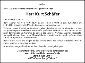 Traueranzeige von Kurt Schäfer von Die Glocke