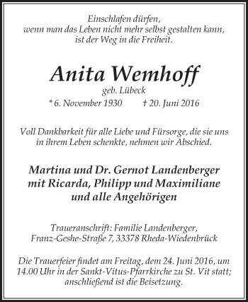 Traueranzeige von Anita Wemhoff von Die Glocke