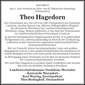 Traueranzeige von Theo Hagedorn von Die Glocke
