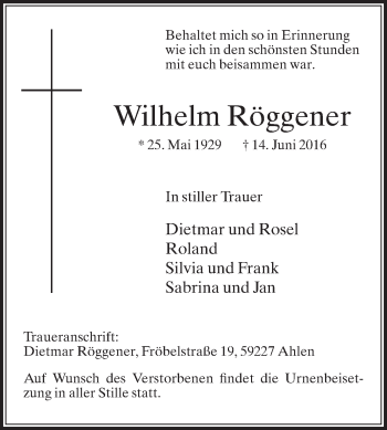 Traueranzeige von Wilhelm Röggener von Die Glocke