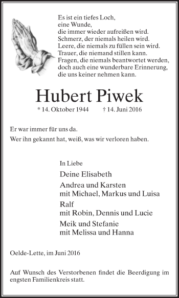 Traueranzeige von Hubert Piwek von Die Glocke