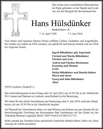 Traueranzeige von Hans Hülsdünker von Die Glocke