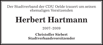 Traueranzeige von Herbert Hartmann von Die Glocke