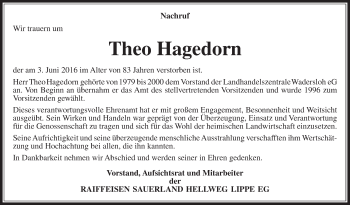 Traueranzeige von Theo Hagedorn von Die Glocke