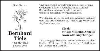 Traueranzeige von Bernhard Tiele von Die Glocke