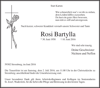 Traueranzeige von Rosi Bartylla von Die Glocke