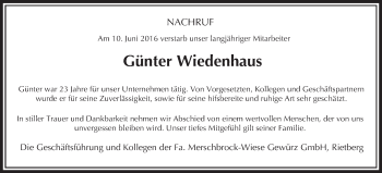 Traueranzeige von Günter Wiedenhaus von Die Glocke