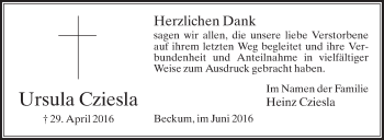 Traueranzeige von Ursula Cziesla von Die Glocke