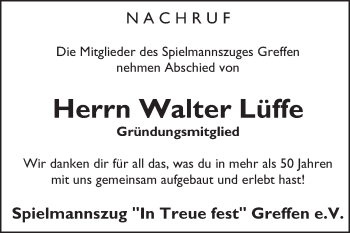 Traueranzeige von Walter Lüffe von Die Glocke