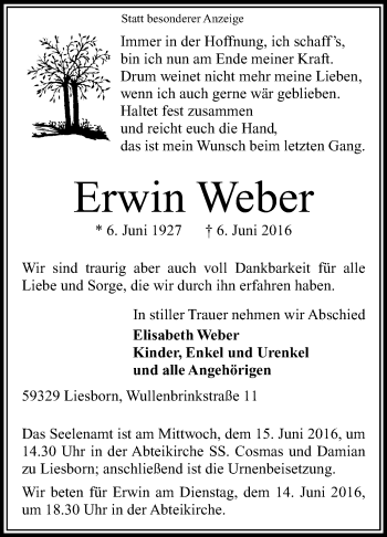 Traueranzeige von Erwin Weber von Die Glocke