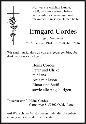 Traueranzeige von Irmgard Cordes von Die Glocke