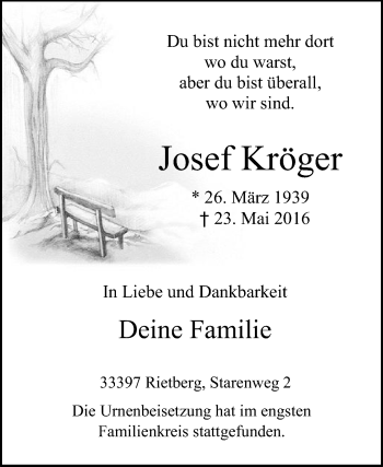 Traueranzeige von Josef Kröger von Die Glocke