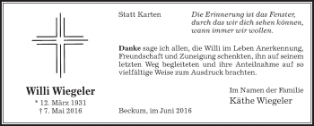 Traueranzeige von Willi Wiegeler von Die Glocke