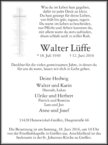 Traueranzeige von Walter Lüffe von Die Glocke