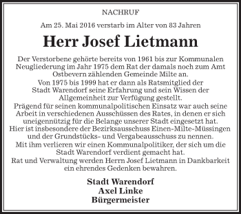 Traueranzeige von Josef Lietmann von Die Glocke