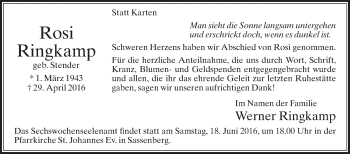 Traueranzeige von Werner Ringkamp von Die Glocke