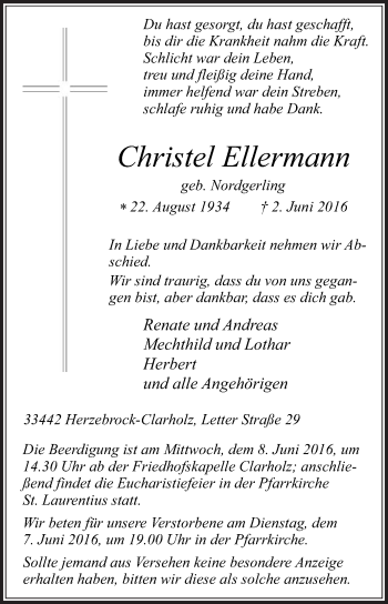 Traueranzeige von Christel Ellermann von Die Glocke