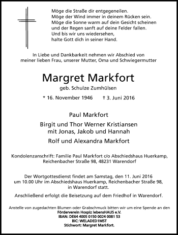 Traueranzeige von Margret Markfort von Die Glocke