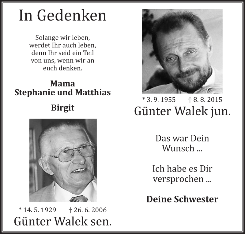  Traueranzeige für Günter Walek vom 25.06.2016 aus Die Glocke