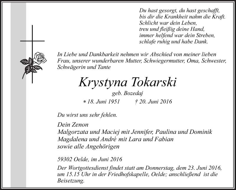  Traueranzeige für Krystyna Tokarski vom 22.06.2016 aus Die Glocke