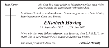 Traueranzeige von Elisabeth Höving von Die Glocke