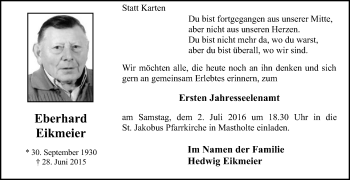 Traueranzeige von Eberhard Eikmeier von Die Glocke