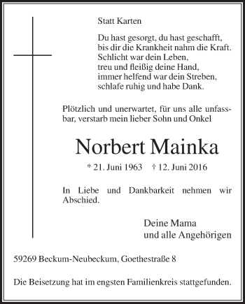 Traueranzeige von Norbert Mainka von Die Glocke
