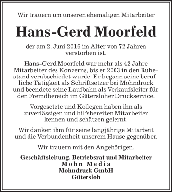 Traueranzeige von Hans-Gerd Moorfeld von Die Glocke