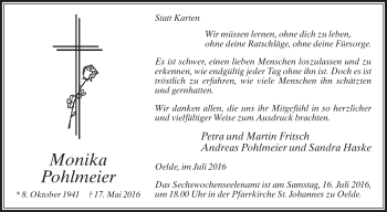 Traueranzeige von Monika Pohlmeier von Die Glocke