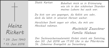 Traueranzeige von Heinz Rickert von Die Glocke
