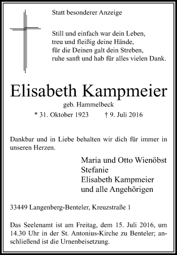 Traueranzeige von Elisabeth Kampmeier von Die Glocke