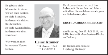 Traueranzeige von Heinz Krämer von Die Glocke