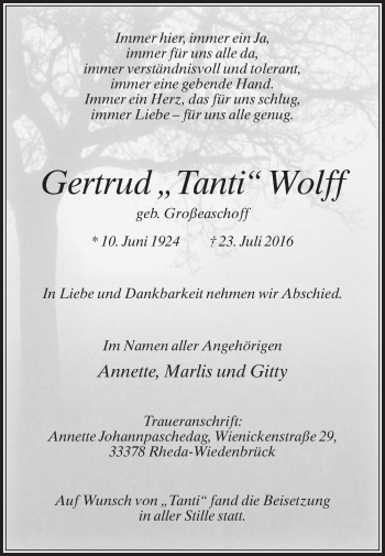 Traueranzeige von Gertrud Wolff von Die Glocke