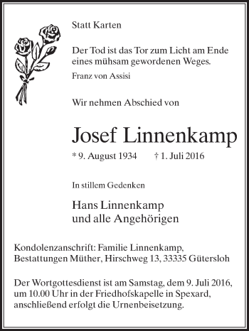 Traueranzeige von Josef Linnenkamp von Die Glocke