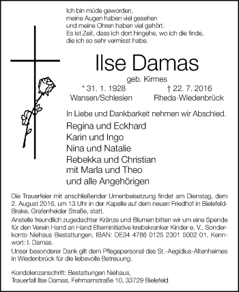 Traueranzeige von Ilse Damas von Die Glocke