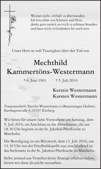 Traueranzeige von Mechthild Kammertöns-Westermann von Die Glocke