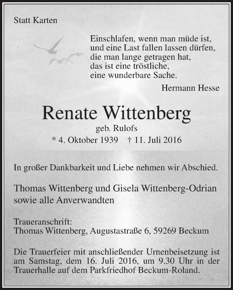  Traueranzeige für Renate Wittenberg vom 13.07.2016 aus Die Glocke