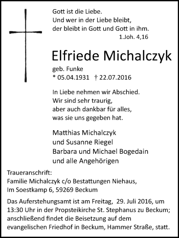 Traueranzeige von Elfriede Michalczyk von Die Glocke