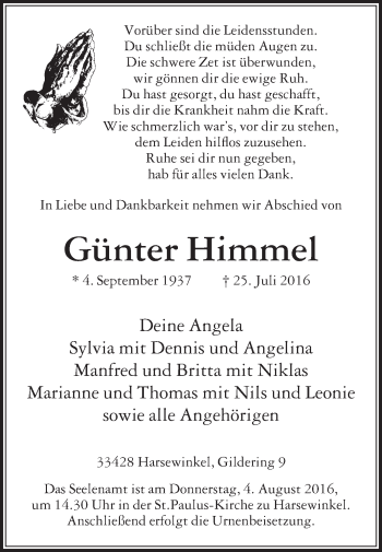 Traueranzeige von Günter Himmel von Die Glocke