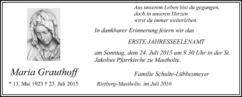 Traueranzeige von Maria Grauthoff von Die Glocke