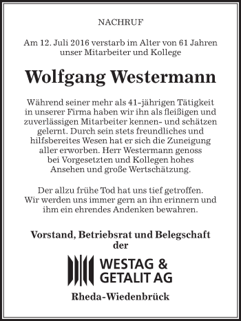 Traueranzeige von Wolfgang Westermann von Die Glocke