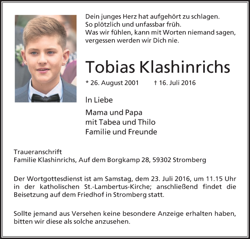  Traueranzeige für Tobias Klashinrichs vom 21.07.2016 aus Die Glocke