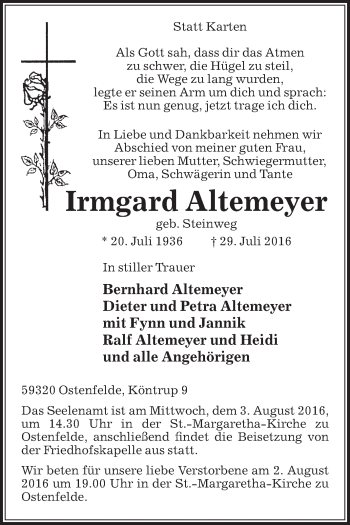 Traueranzeige von Irmgard Altemeyer von Die Glocke