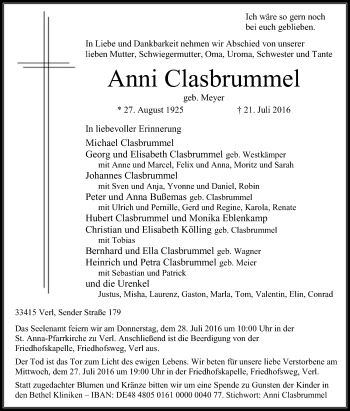 Traueranzeige von Anni Clasbrummel von Die Glocke