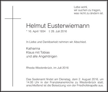 Traueranzeige von Helmut Eusterwiemann von Die Glocke