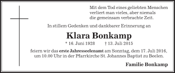 Traueranzeige von Klara Bonkamp von Die Glocke