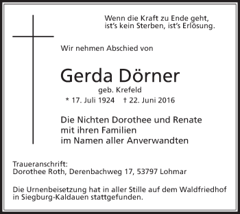 Traueranzeige von Gerda Dörner von Die Glocke