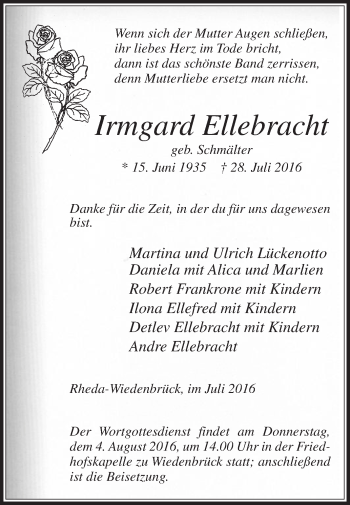 Traueranzeige von Irmgard Ellebracht von Die Glocke