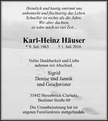 Traueranzeige von Karl-Heinz Häuser von Die Glocke